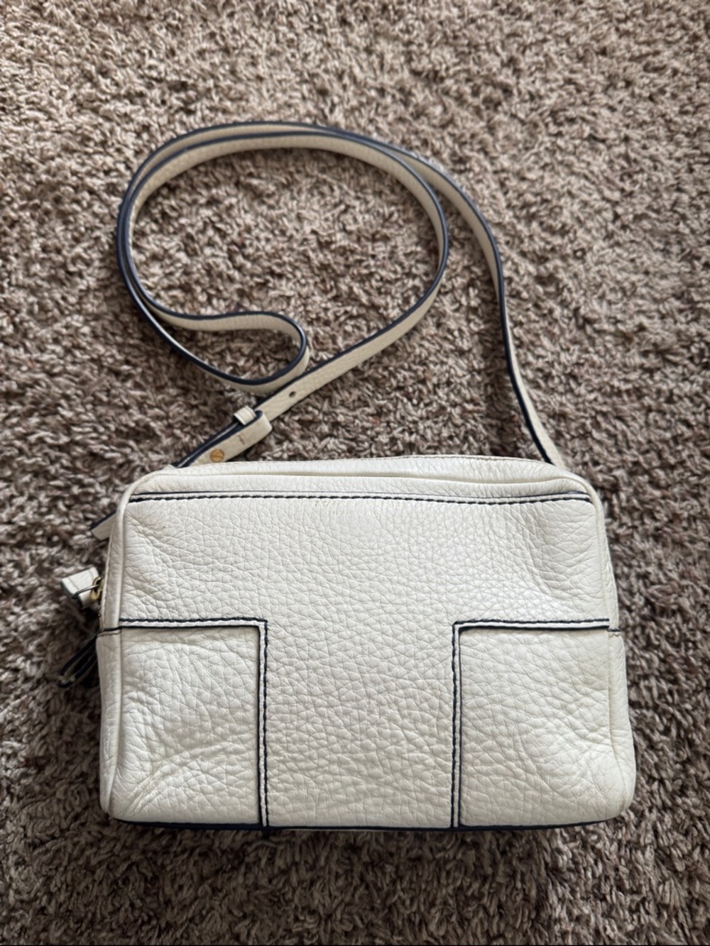 Tory Burch Block T Double Zip Crossbody Bag Leather in Cream with Black Trim